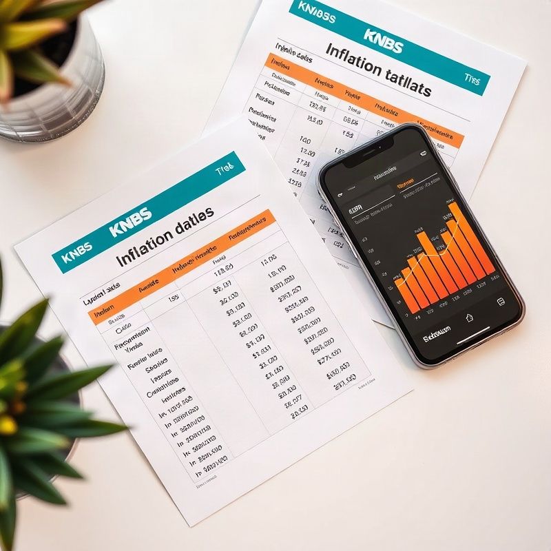 Printed KNBS inflation data tables alongside a smartphone displaying a CPI graph