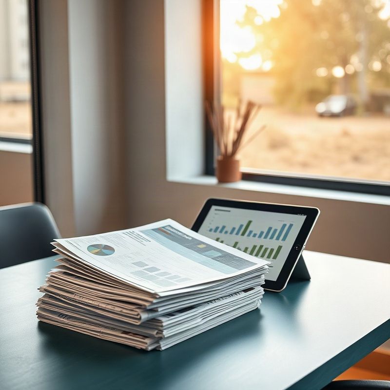 Stack of newspapers and a tablet displaying economic graphs on a teal-modern desk