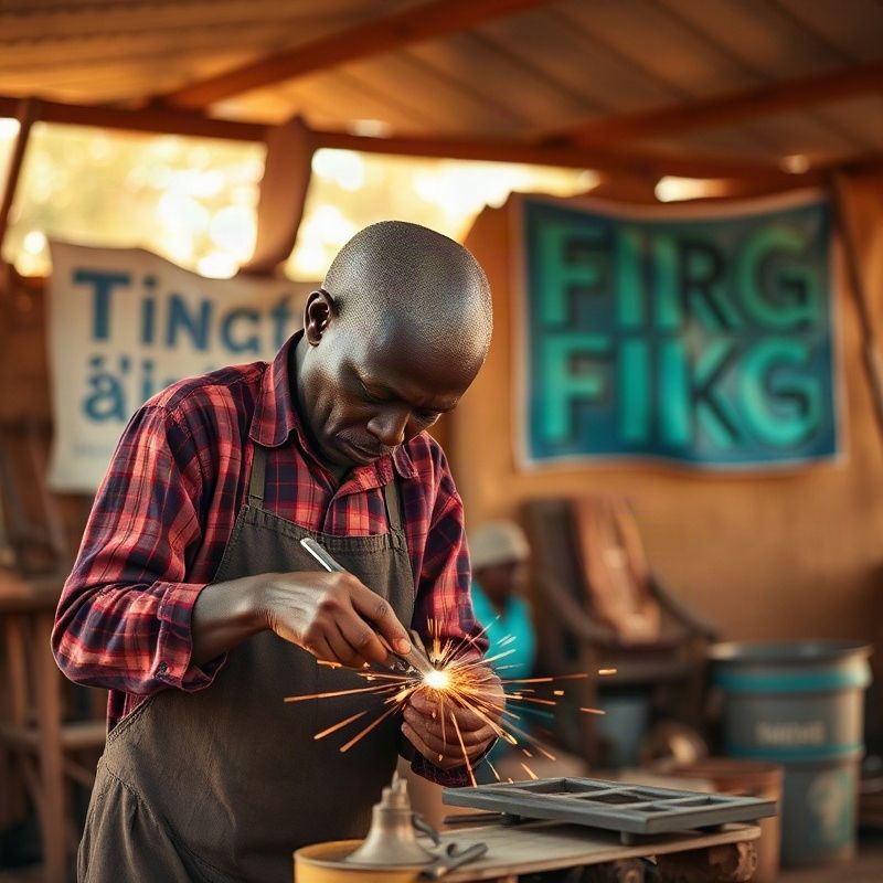 Kenyan jua kali artisan welding metal in an outdoor workshop under golden equatorial light