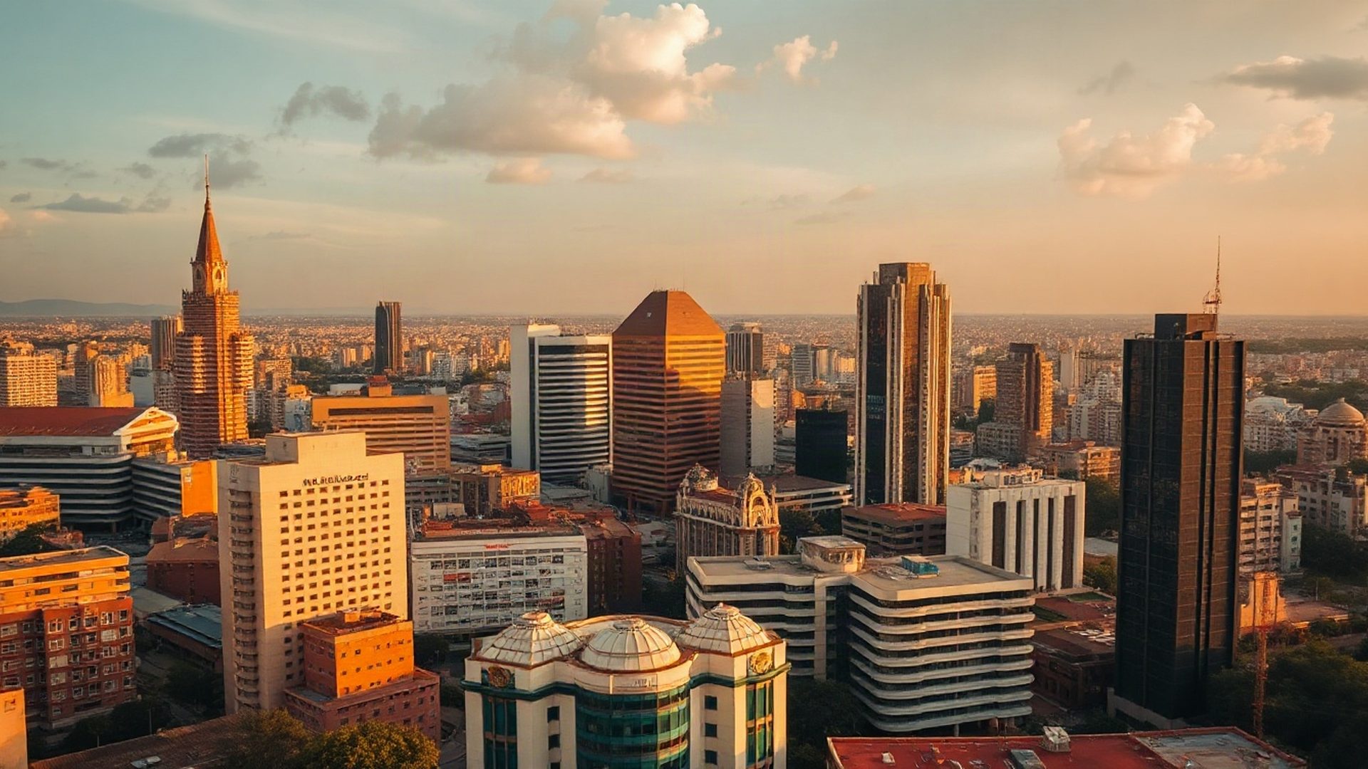 Aerial view of the Nairobi central business district skyline at golden equatorial light