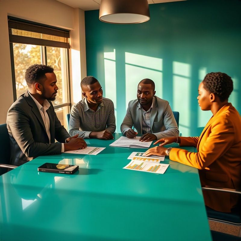 Small editorial team of Kenyan journalists discussing a printed data report around a teal-toned conference table in Nairobi