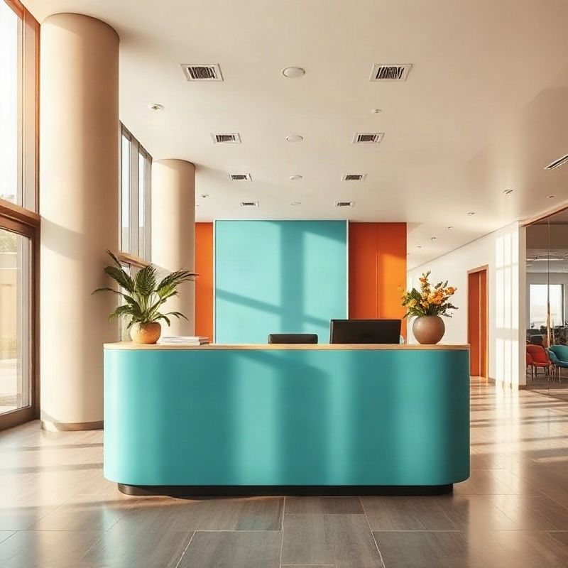 Modern teal-accented reception desk in a Nairobi office building